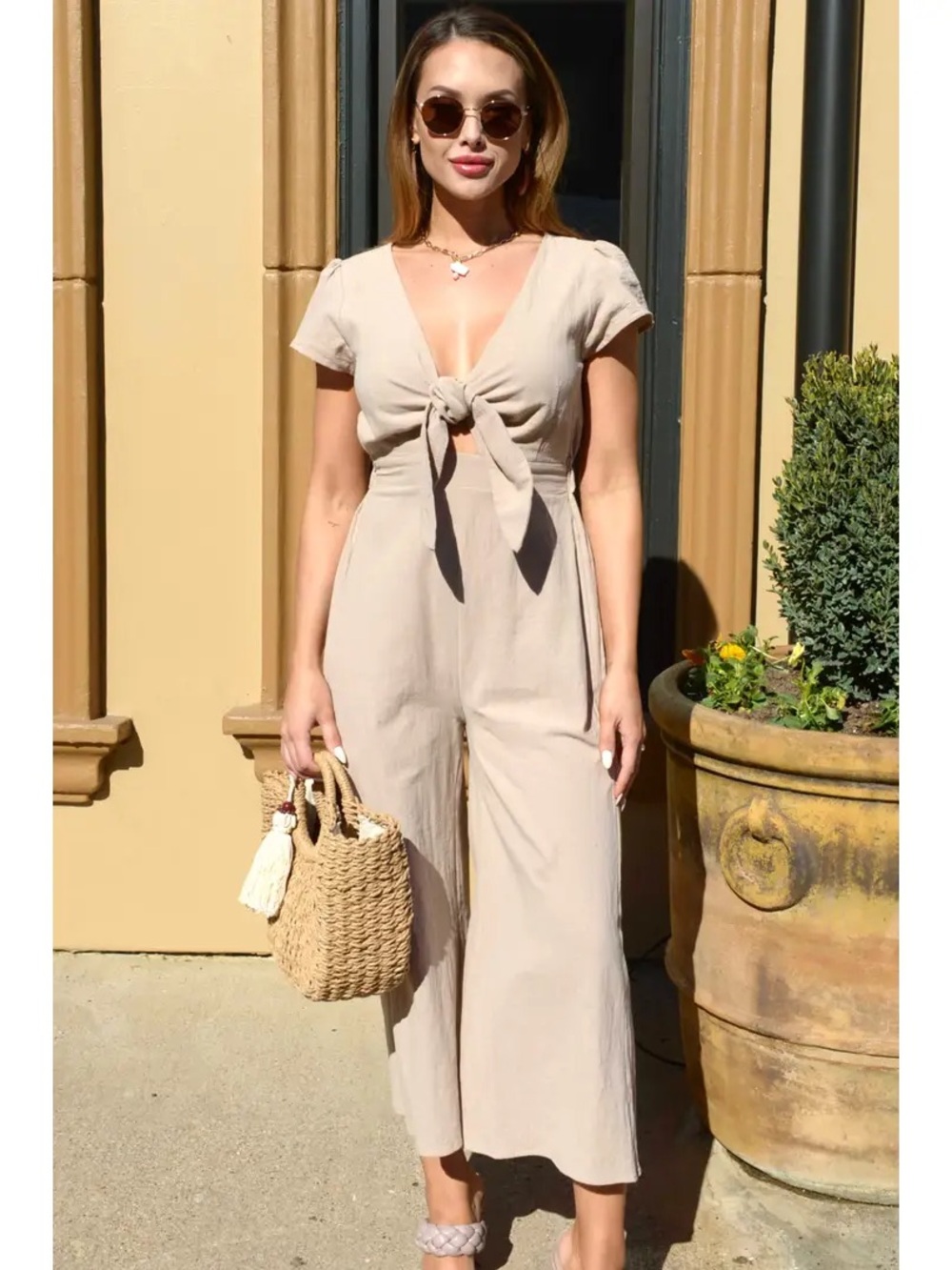 Tie-Front Wide-Leg Jumpsuit in Beige